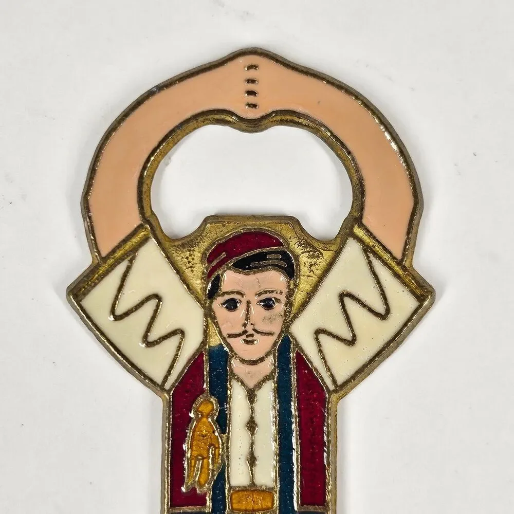 Enamel on Brass Bottle Opener Figural Male Dancer Greece Vintage